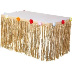 Tan Faux Grass Tissue Paper Fringe Table Skirt With Multicolor Fabric Flowers, 10ft X 29in