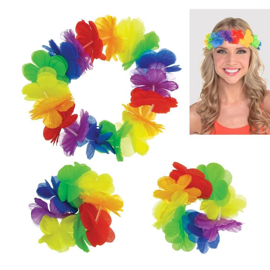 Hawaiian Rainbow Head & Wrist Lei Set 3pc 1 Hawaiian Rainbow Head & Wrist Lei Set 3pc