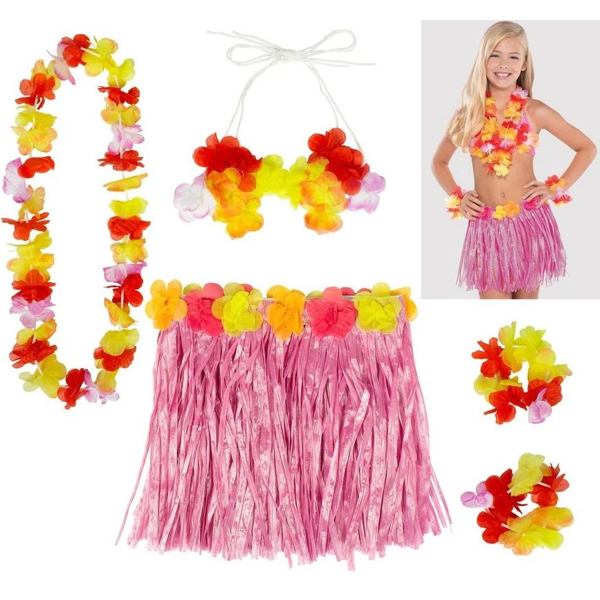 Child Pink Faux Grass Skirt Kit, 5pc 1 Child Pink Faux Grass Skirt Kit, 5pc
