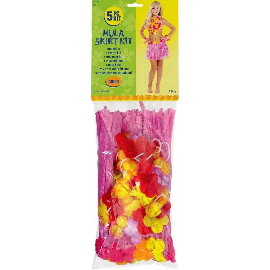 Child Pink Faux Grass Skirt Kit, 5pc 2 Child Pink Faux Grass Skirt Kit, 5pc - Image 2