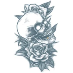 Black & Gray-Style Skull & Roses Temporary Tattoo, 4in X 10in