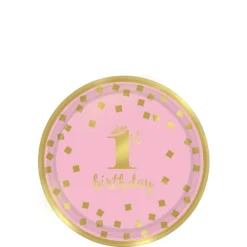 Metallic Pink & Gold Confetti 1st Birthday Dessert Plates 8ct