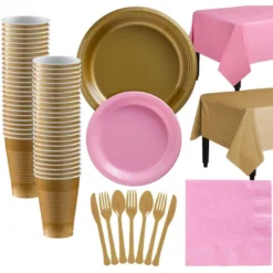 Gold & Pink Plastic Tableware Kit For 50 Guests