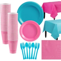 Bright Pink & Caribbean Blue Plastic Tableware Kit For 50 Guests