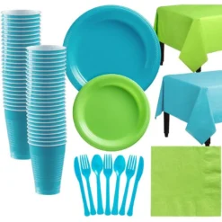 Caribbean Blue & Kiwi Green Plastic Tableware Kit For 50 Guests