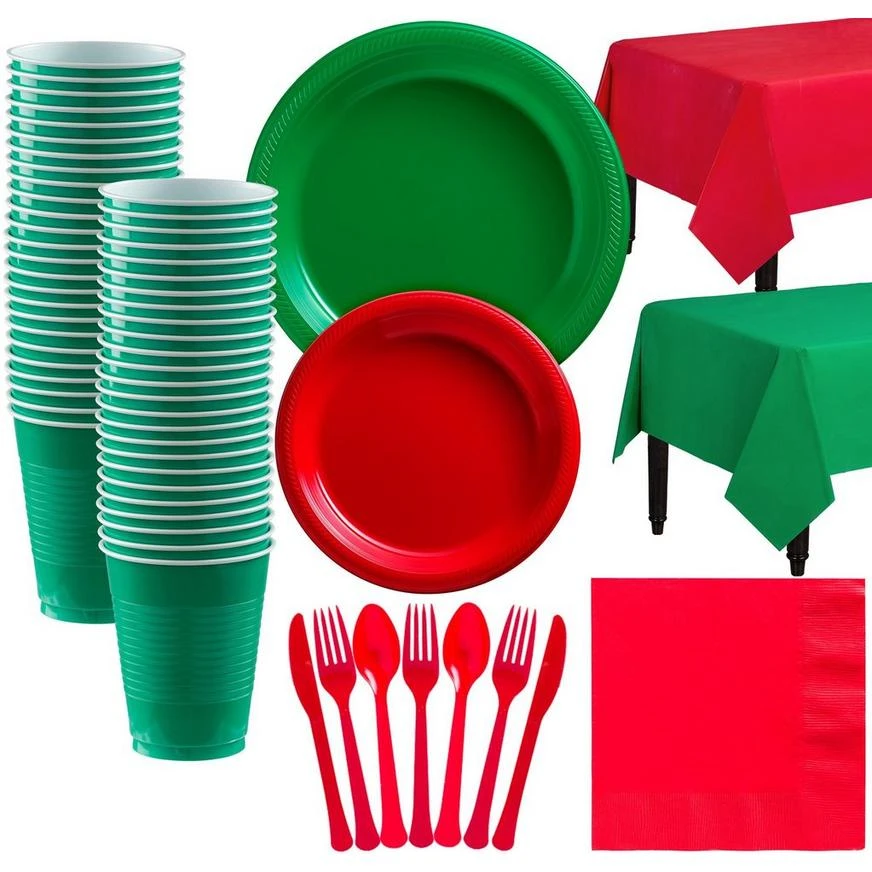 Red & Festive Green Plastic Tableware Kit For 50 Guests 1 Red & Festive Green Plastic Tableware Kit For 50 Guests
