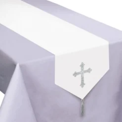 White & Silver Glitter Cross Fabric Table Runner