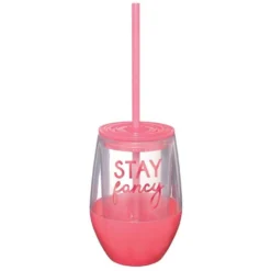 Pink Stay Fancy Plastic Stemless Wine Glass With Straw, 10oz