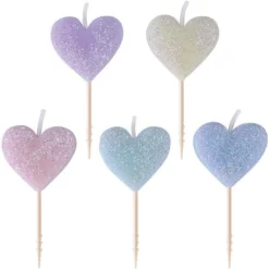 Glitter Pastel Heart Birthday Toothpick Candles 5ct