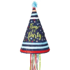 Pull String Time To Party Cone Hat Cardstock & Tissue Paper Pinata, 10.5in X 17in