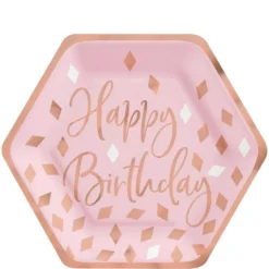 Metallic Blush Birthday Hexagon Dessert Plates, 7in, 8ct
