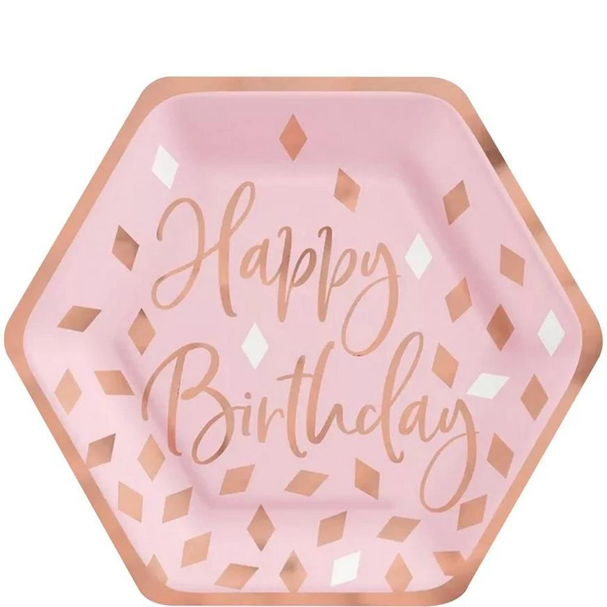 Metallic Blush Birthday Hexagon Dessert Plates, 7in, 8ct 1 Metallic Blush Birthday Hexagon Dessert Plates, 7in, 8ct