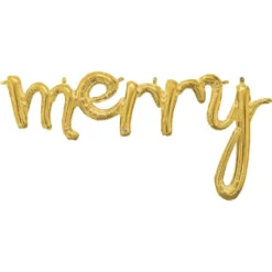 Air-Filled Gold Merry Cursive Letter Foil Balloon Banner, 53in X 20in