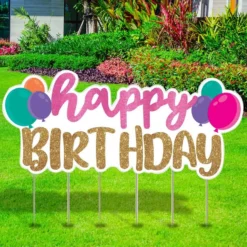 Gold & Pink Glitter Happy Birthday Corrugated Plastic Yard Sign, 67.6in X 30.7in