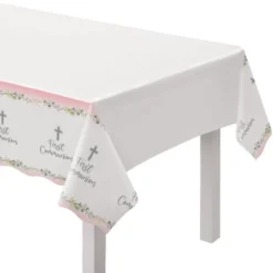 Pink My First Communion Plastic Table Cover, 54in X 102in