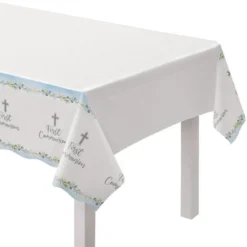 Blue My First Communion Plastic Table Cover, 54in X 102in