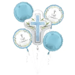 Blue Foliage My First Communion Foil Balloon Bouquet, 5pc