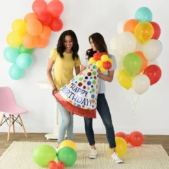 Multicolor Dots Happy Birthday Party Hat Foil Balloon, 37in X 26in, With Latex Balloons -Party Supply Store 936284 02