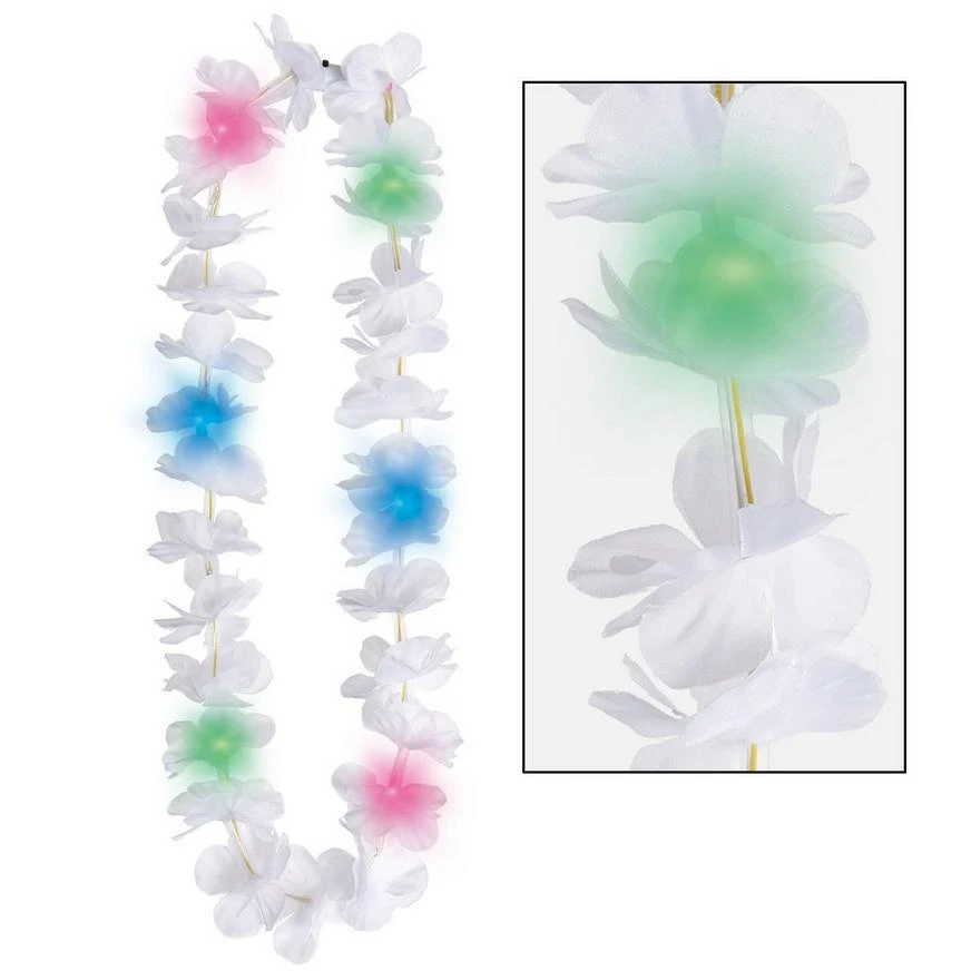 Light-Up White Fabric Flower Lei With Multicolor LEDs, 40in 1 Light-Up White Fabric Flower Lei With Multicolor LEDs, 40in