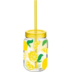 Summer Lemon Plastic Mason Jar Cup With Straw, 16oz