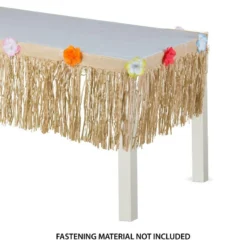Tan Faux Grass Tissue Paper Fringe Table Skirt With Multicolor Fabric Flowers & Table Cover Clips, 9ft X 15in -Party Supply Store 940436 02