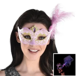 AMSCAN Adult Lavender & Gold Glitter Masquerade Mask With Light-Up Feathers