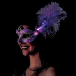 AMSCAN Adult Lavender & Gold Glitter Masquerade Mask With Light-Up Feathers -Party Supply Store 942057 02