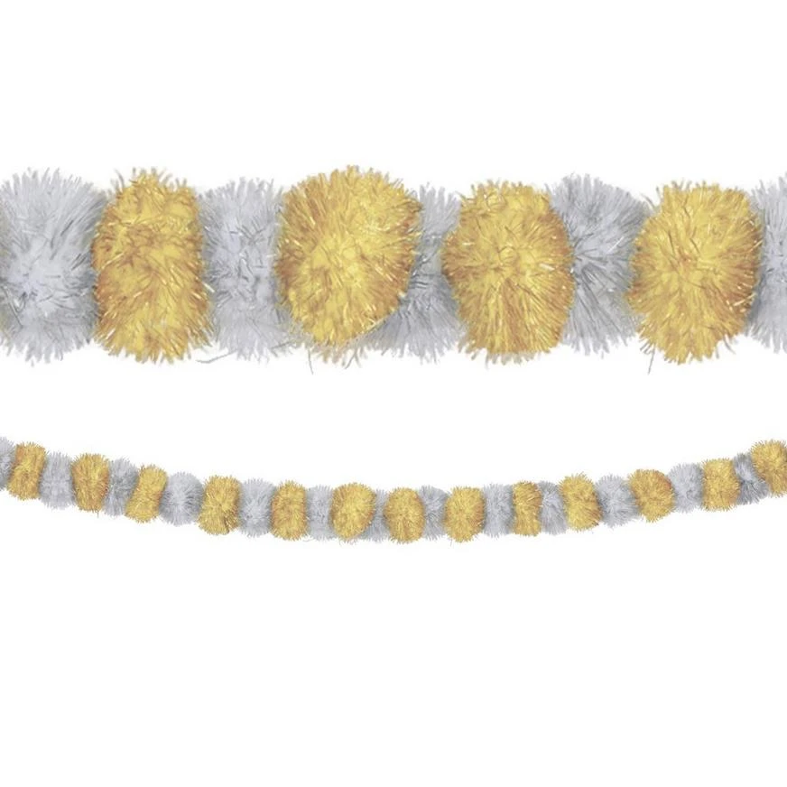 Gold & Silver Christmas Tinsel Pom-Pom Garland, 9ft 1 Gold & Silver Christmas Tinsel Pom-Pom Garland, 9ft