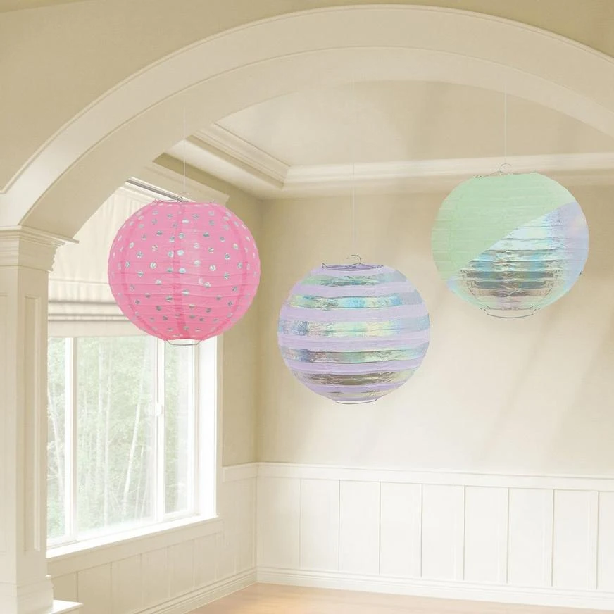 Iridescent Paper Lanterns, 9.5in, 3ct 1 Iridescent Paper Lanterns, 9.5in, 3ct