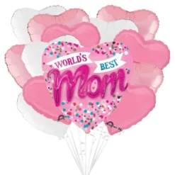 World's Best Mom Heart Mother's Day Foil Balloon Bouquet, 13pc