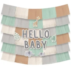 Hello Baby Soft Jungle Baby Shower Fringe Banner Backdrop With Cutouts, 5ft X 4.8ft