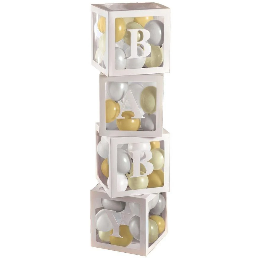 White Pop-Up Baby Shower Block Decorations With Gold & White Mini Latex Balloons - Soft Jungle 2 White Pop-Up Baby Shower Block Decorations With Gold & White Mini Latex Balloons - Soft Jungle - Image 2