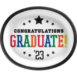 Multicolor Congratulations Graduate 2023 Oval Paper Plates, 12in X 10in, 20ct - Graduation Brights