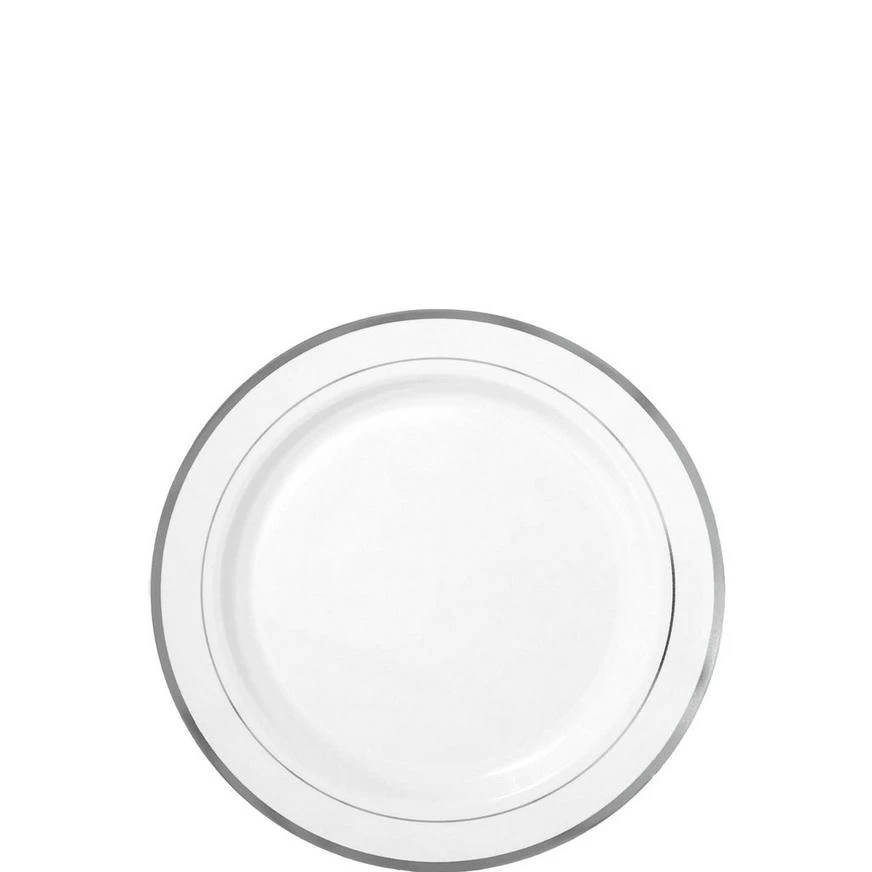 White Silver-Trimmed Premium Plastic Appetizer Plates 20ct 1 White Silver-Trimmed Premium Plastic Appetizer Plates 20ct