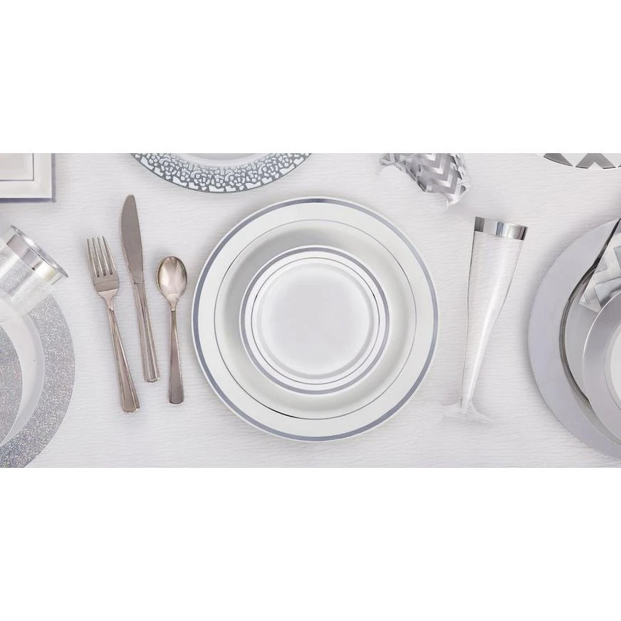 White Silver-Trimmed Premium Plastic Appetizer Plates 20ct 2 White Silver-Trimmed Premium Plastic Appetizer Plates 20ct - Image 2