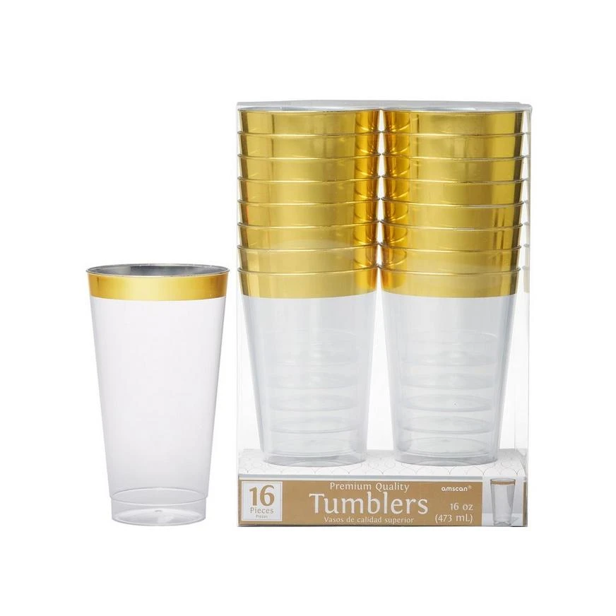 CLEAR Gold-Trimmed Premium Plastic Cups 16ct 1 CLEAR Gold-Trimmed Premium Plastic Cups 16ct