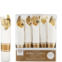 Rolled Metallic Gold Premium Plastic Cutlery Sets 10ct