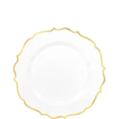 White Gold-Trimmed Ornate Premium Plastic Dessert Plates 20ct