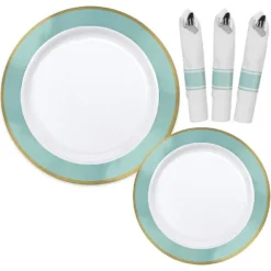 Premium Robin's Egg Blue Border & Gold Tableware Kit For 20 Guests