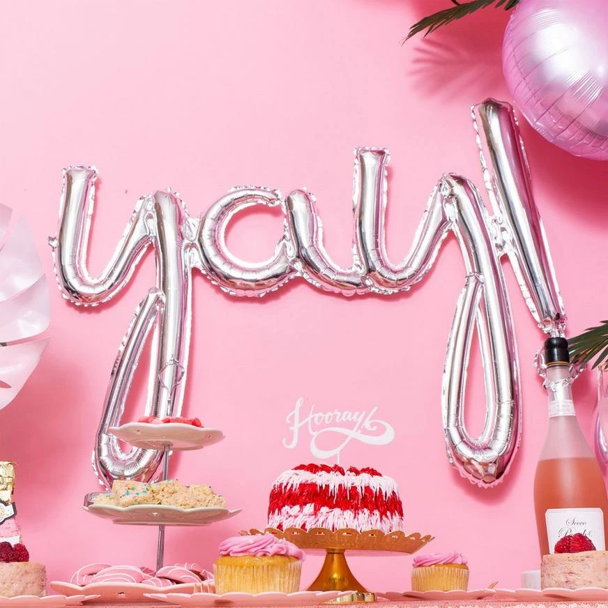 Air-Filled Silver Yay Cursive Letter Balloon Banner 35in X 25in 1 Air-Filled Silver Yay Cursive Letter Balloon Banner 35in X 25in