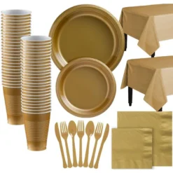 Gold Plastic Tableware Kit For 100 Guests