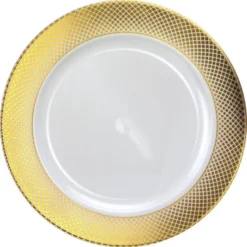 Metallic Gold Crisscross Border Premium Plastic Chargers, 12in, 10ct