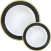 Round Premium Plastic Dinner (10.25in) & Dessert (7.5in) Plates With Black & Gold Border, 20ct