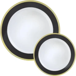 Round Premium Plastic Dinner (10.25in) & Dessert (7.5in) Plates With Black & Gold Border, 20ct