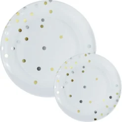 Gold & Silver Confetti Round Premium Plastic Dinner (10.5in) & Dessert (7.5in) Plates, 20ct