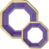 Octoganal Premium Paper Dinner (10.25in) & Dessert (7.5in) Plates With Purple & Gold Border, 20ct