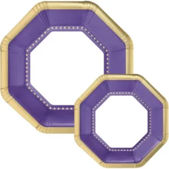 Octoganal Premium Paper Dinner (10.25in) & Dessert (7.5in) Plates With Purple & Gold Border, 20ct