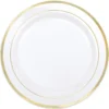 White With Gold Rim Premium Plastic Dinner Plates, 10.25in, 20ct