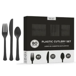 Black Heavy-Duty Plastic Cutlery Set For 20 Guests, 80ct