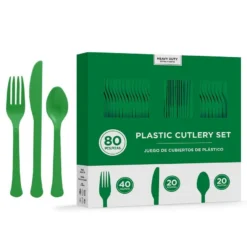 Festive Green Heavy-Duty Plastic Cutlery Set For 20 Guests, 80ct